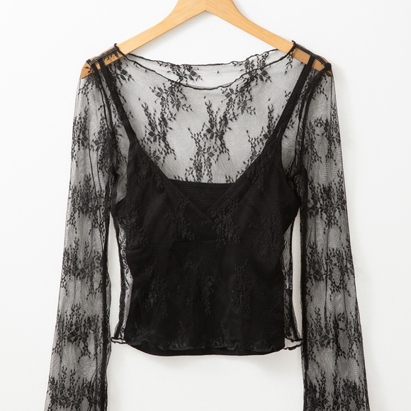 B204 Black Lace Mesh Crochet Splicing Slim Fit Long Sleeve Blouse - Picture 3 of 5